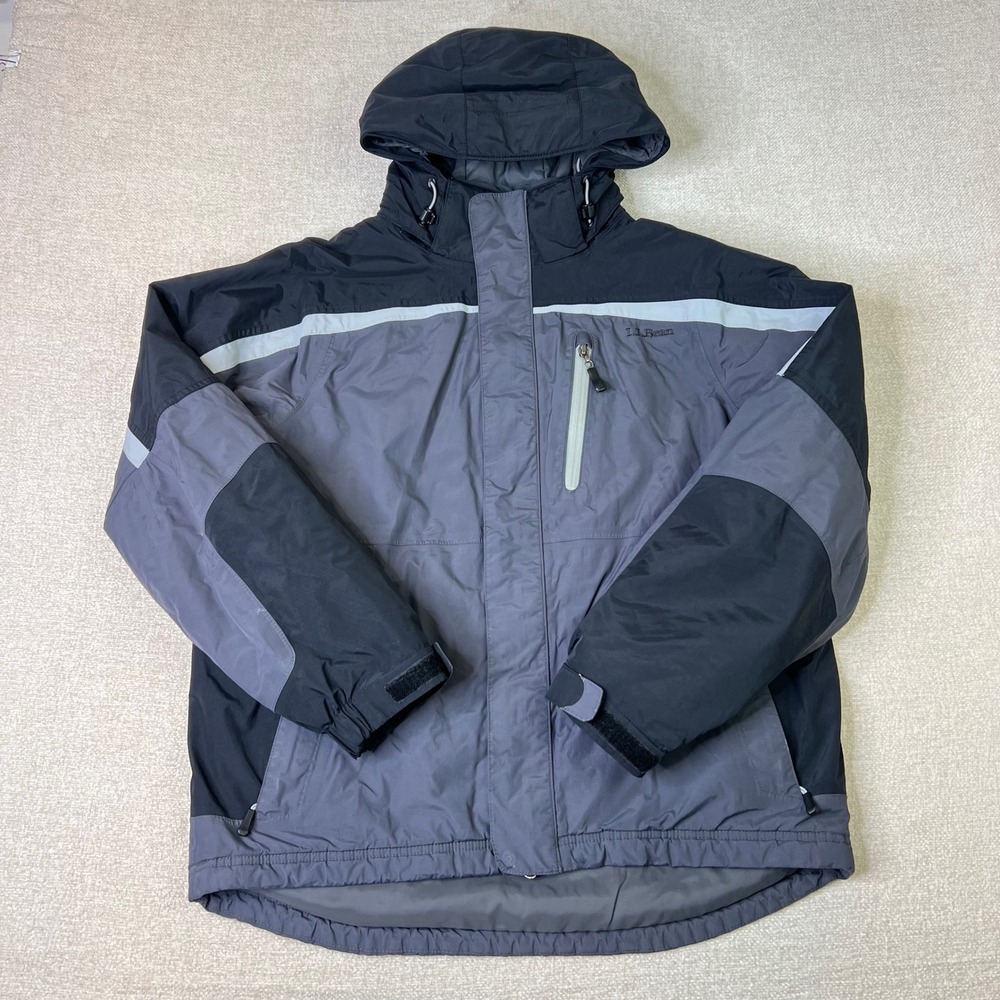 LL Bean Hooded Winter Jacket Mens Large Gray Black Colorblock Ski Coat Active
